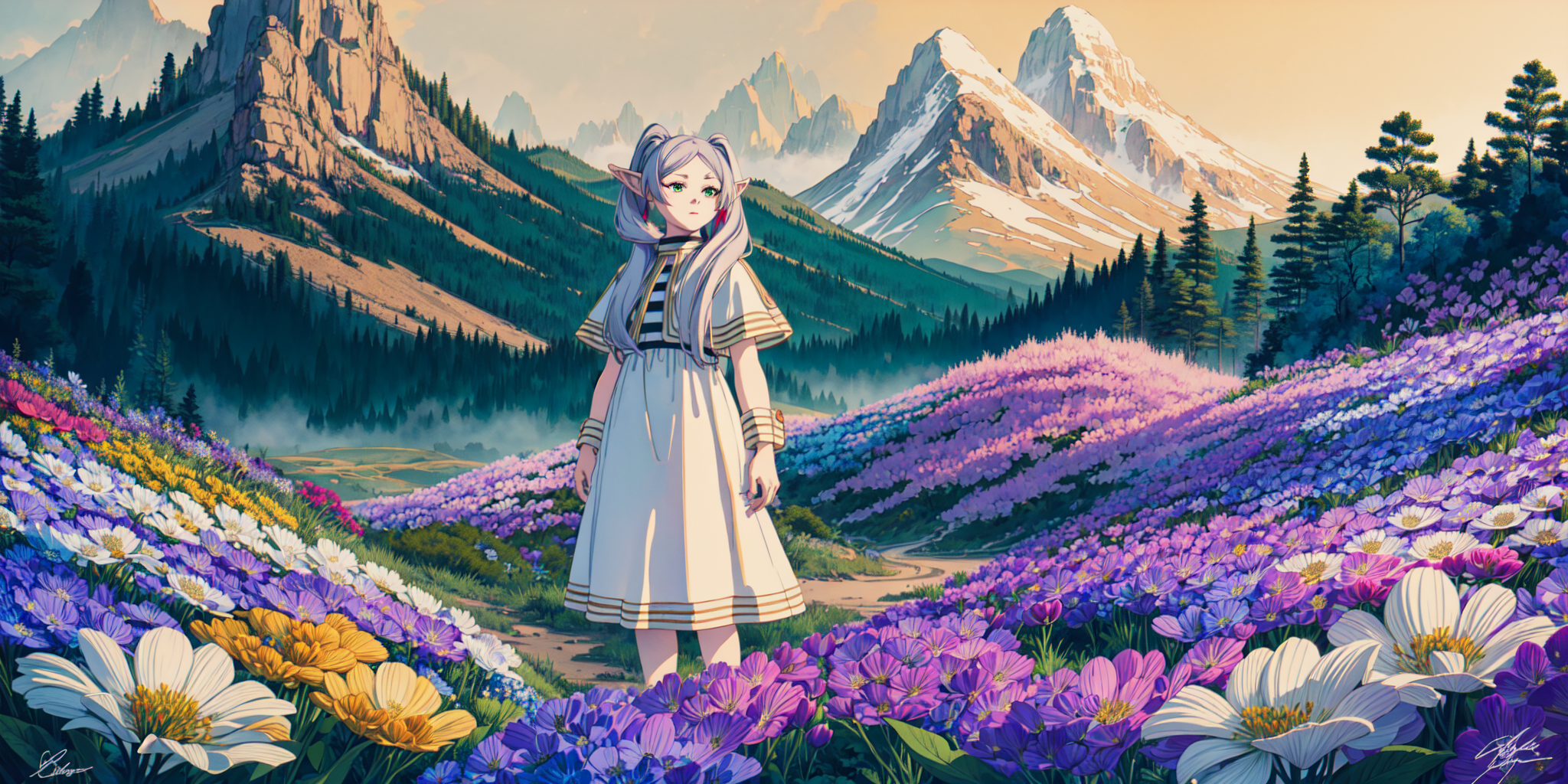 00108-2697176790-frieren,long hair,twintails,(green eyes_1.5),grey hair,pointy ears,elf,((best quality)),((masterpiece)),((ultra-detailed)),(illu.png